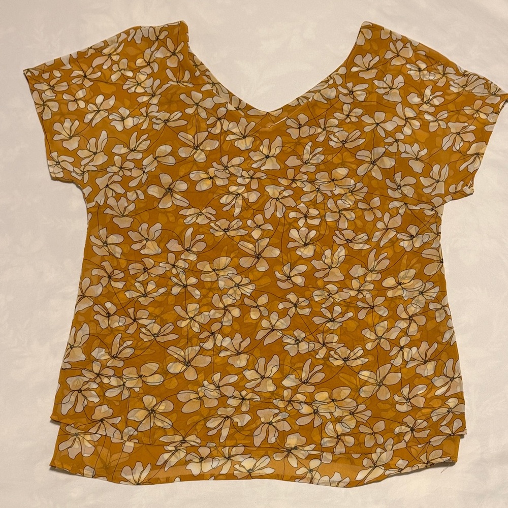 CAbi Mustard Floral Short Sleeve Blouse